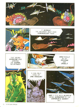 antennae_(anatomy) anthro arwing electronics female group headgear headphones headset laser male mind_control pilot shooting space spacecraft star text vehicle benimaru_itoh nintendo star_fox falco_lombardi fara_phoenix fox_mccloud peppy_hare avian bird canid canine fennec_fox fox galliform hare lagomorph leporid mammal phasianid pheasant true_fox comic english_text hi_res official_art