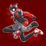 action_pose anthro belt bodysuit bottomwear clothing cutoffs denim denim_bottomwear denim_clothing footwear fur furgonomics grey_body grey_fur hoodie jacket jumping male mask open_mouth pawpads paws pose shoes shorts skinsuit solo striped_body striped_fur stripes tight_clothing topwear whiskers cricket_soup marvel spider-ham spider-man:_spider-verse spider-man_(series) meows_morales domestic_cat felid feline felis mammal hi_res