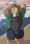 anthro barazoku beach bottomwear clothed clothing eyewear glasses humanoid_hands kemono male open_clothing open_shirt open_topwear outside seaside shirt shorts solo topwear water train_(artist) felid lion mammal pantherine 2018