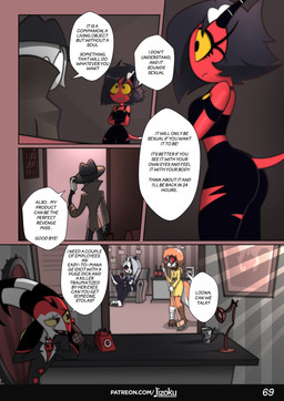 anthro bandage bottomwear broom cleaning_tool clothing coat desk dialogue electronics female furniture male pants phone raincoat sofa speech_bubble table text topwear torn_bottomwear torn_clothing torn_pants jizoku hellaverse helluva_boss mythology blitzo_(helluva_boss) loona_(helluva_boss) millie_(helluva_boss) sol_(jizoku) canid canid_demon canine demon hellhound humanoid imp mammal mythological_canine mythological_creature 2025 absurd_res comic english_text hi_res url