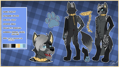 anthro border bound chain chained collar digitigrade dualitywolfie fur hair male simple_background slim smile solo spiked_collar spikes striped_body stripes tail text yellow_border codyf0xx dualitywolfie_(character) canid canine canis mammal wolf 16:9 digital_media_(artwork) english_text hi_res model_sheet widescreen