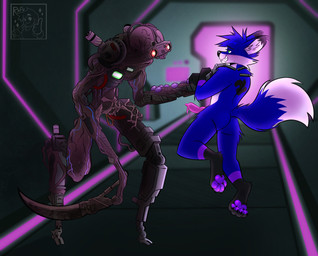 anthro birthmark blue_body blue_fur butt cybernetics duo erection fur green_eyes holding_neck machine male male/male markings nude paws science_fiction size_difference weapon_arm rafu dead_by_daylight indigo_(indigoblaze) the_singularity_(dead_by_daylight) canid canine cyborg fox mammal hi_res