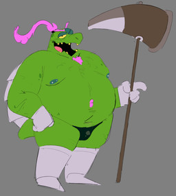 anthro armor belly boots clothing elderly elderly_male footwear gloves grin hair hammer handwear holding_object holding_weapon laugh male mature_male moobs nipple_piercing nipples one_eye_closed overweight overweight_male piercing pink_hair ponytail shoes smile solo speedo swimwear tools weapon yellow_eyes smut_leo deltarune undertale_(series) gerson gerson_boom_(deltarune) reptile scalie turtle 2025 hi_res