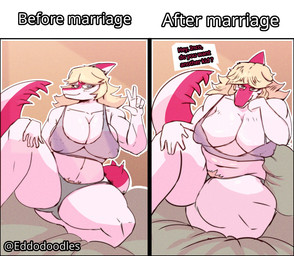 5_fingers anthro bedding before_and_after belly big_breasts blonde_hair bone_frill bra breasts clothing dialogue female fingers frill_(anatomy) front_view gesture grey_bra grey_clothing grey_eyes grey_panties grey_underwear hair hand_gesture huge_breasts humanoid_hands inviting long_hair long_tail mature_anthro mature_female navel nipple_outline non-mammal_navel on_bedding outline overweight overweight_anthro overweight_female panties pillow pink_body pubes seductive sitting smile smiling_at_viewer solo speech_bubble spiked_tail spikes spikes_(anatomy) sports_bra spread_legs spreading tail talking_to_viewer text underwear v_sign white_outline eddodoodle cavemanon_studios i_wani_hug_that_gator mia_moretti dinosaur hadrosaurid ornithischian ornithopod parasaurolophus prehistoric_species reptile scalie artist_name colored digital_media_(artwork) english_text hi_res shaded