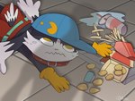 anthro big_collar bodily_fluids chicken_meat chicken_nugget clothing collar crying duo food fries gloves handwear hat headgear headwear long_ears male meat on_ground oversized_collar shadow spilled_drink tears yellow_eyes boke_(artist) apu_spills_his_nuggies bandai_namco klonoa_(series) mcdonald's apu_apustaja klonoa domestic_cat felid feline felis humanoid mammal 4:3 meme