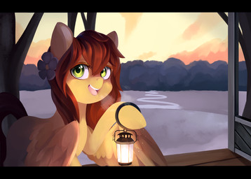 black_bars brown_hair feathered_wings feathers female feral green_eyes hair hooves lamp lantern open_mouth smile solo standing teeth tongue wings haidiannotes hasbro my_little_pony mythology fan_character equid equine mammal mythological_creature mythological_equine pegasus hi_res