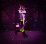 ambiguous_gender anthro eyes_in_darkness forest forest_background glowing glowing_eyes heterochromatic_pawpads nature nature_background plant solo tree walking notailfox flip_(notailfox) arthropod beetle canid canine elateroid firefly fox insect mammal 2024 digital_media_(artwork) hi_res shaded