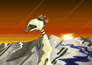 ambiguous_gender anthro cloak clothing desert detailed_background fur grey_body grey_fur outside river sand sky solo sunset tan_cloak tan_clothing naircat canid canine canis mammal wolf 2017 digital_media_(artwork) microsoft_paint_(artwork)