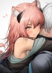 4_ears absurd_res animal_humanoid arknights doctor_(arknights) female female_focus gravel_(arknights) hair hair_over_eyes heart_symbol hi_res hug human humanoid hypergryph kiss_mark licking licking_lips looking_at_viewer male male/female mammal mammal_humanoid multi_ear pink_eyes pink_hair rodent rodent_humanoid simple_background solo_focus studio_montagne tabhead tattoo tongue white_background