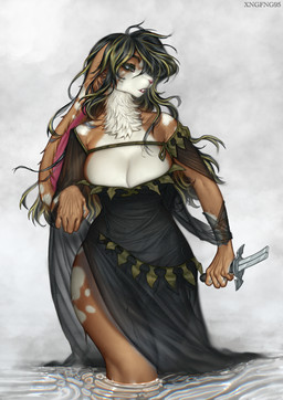 anthro black_clothing black_dress breasts broken_weapon brown_body brown_fur buckteeth cleavage clothed clothed_anthro clothed_female clothing dagger dress female fur glistening green_clothing green_eyes green_hair hair melee_weapon multicolored_body multicolored_clothing multicolored_fur multicolored_hair neck_tuft reflection solo teeth tuft two_tone_body two_tone_fur water water_reflection weapon white_body white_fur xngfng95 kelly_hase domestic_rabbit lagomorph leporid lop_rabbit mammal oryctolagus rabbit 2026 absurd_res digital_drawing_(artwork) digital_media_(artwork) hi_res signature watermark