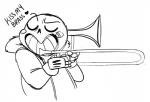 bone brass_instrument clothing holding_musical_instrument holding_object hoodie musical_instrument not_furry skeleton solo text topwear trombone wind_instrument assortedjellies undertale undertale_(series) sans_(undertale) animated_skeleton humanoid undead english_text monochrome