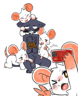 anthro arms_tied ball_gag bdsm big_penis biped blush bondage bound breathable_gag cheek_tuft crotch_tuft eyes_closed facial_tuft front_view fur fur_tuft gag genitals gesture grey_body grey_fur group hairless_tail hand_gesture head_tuft larger_anthro larger_male looking_at_genitalia looking_at_penis male male/male male_anthro male_on_anthro monotone_body monotone_fur nude nude_anthro nude_male open_mouth open_smile orange_eyes penis plantigrade restraints rope rope_bondage simple_background size_difference slim slim_anthro slim_male smaller_anthro smaller_male smile taking_picture taking_selfie touching_penis tuft v_sign white_background white_body white_fur pizademokttero nifram_logan canid canine mammal mouse murid murine rodent 2026 digital_drawing_(artwork) digital_media_(artwork) flat_colors hi_res