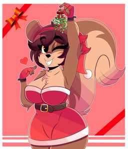 abstract_background anthro belt blush border brown_body brown_fur chest_tuft christmas_clothing christmas_headwear clothing dress female fingerless_gloves fluffy fluffy_tail front_view fur gesture gloves hair hand_gesture handwear hat headgear headwear heart_symbol holding_object holidays holly_(plant) lingonberry looking_at_viewer mistletoe one_eye_closed plant pointing pointing_at_self purple_hair raised_arm red_clothing red_dress red_gloves red_handwear red_hat red_headwear santa_hat solo tail tan_body tan_fur tuft white_border white_clothing white_dress wink wristband wireless_shiba christmas shelly_bélier grey_squirrel mammal rodent sciurid tree_squirrel absurd_res hi_res