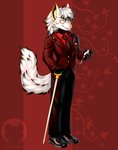 anthro beard cane clothed clothing eyewear facial_hair fur gloves handwear looking_at_viewer male markings monocle necktie smile solo suit topwear tigerinspace goldomond canid canine canis mammal wolf absurd_res digital_media_(artwork) hi_res watermark