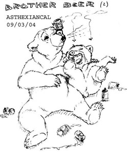 alcohol anthro beer beverage drunk duo male simple_background substance_intoxication white_background young young_anthro asthexiancal brother_bear disney kenai_(brother_bear) koda_(brother_bear) bear brown_bear grizzly_bear mammal ursine black_and_white graphite_(artwork) monochrome traditional_media_(artwork)