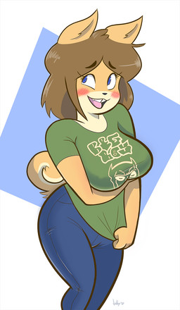 anthro arm_under_breasts big_breasts blue_bottomwear blue_clothing blue_eyes blue_pants blush blush_lines bottomwear breasts brown_hair clothing countershade_face countershading eyebrow_through_hair eyebrows eyelashes female fur green_clothing green_shirt green_t-shirt green_topwear hair looking_aside open_mouth open_smile pants shirt smile solo t-shirt tail tan_body tan_fur teeth tooth_gap topwear translucent translucent_hair jobbythehong june_(jinu) canid canine canis domestic_dog mammal shiba_inu spitz 2018 dated digital_drawing_(artwork) digital_media_(artwork) hi_res portrait signature three-quarter_portrait