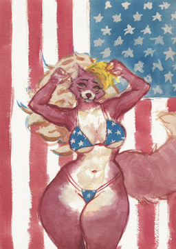 american_flag american_flag_bikini anthro big_breasts bikini breasts cheek_tuft clothing dipstick_tail eyelashes facial_markings facial_tuft female flag_bikini flag_swimwear front_view fur green_highlights hair head_markings highlights_(coloring) long_hair looking_at_viewer markings navel orange_eyes purple_body purple_fur smile solo swimwear tail tail_markings thick_thighs tuft two-piece_swimsuit united_states_of_america white_body white_fur white_hair wide_hips thatphatfox five_nights_at_freddy's five_nights_at_freddy's:_security_breach scottgames steel_wool_studios roxanne_wolf canid canine canis mammal wolf 2025 hi_res painting_(artwork) traditional_media_(artwork) traditional_painting_(artwork)