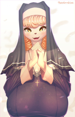 big_breasts blonde_hair breasts clothed clothing cross cross_necklace eyelashes female hair huge_breasts jewelry looking_at_viewer necklace nun open_mouth sharp_teeth smile solo teeth yellow_eyes theobrobine mammal absurd_res hi_res