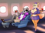 aircraft airplane aloha_shirt annoyed anthro beverage big_breasts black_nose bottomwear breasts clothing crossgender curvy_figure duo eye_patch eyewear female flight_attendant flirting fluffy fluffy_tail footwear fur green_eyes grey_body grey_fur hand_on_hip high_heels hourglass_figure inside_airplane male mtf_crossgender orange_body orange_fur pattern_clothing pattern_shirt pattern_topwear pouting red_eyes sandals serving shirt shoes shorts smile smirk tail tan_body tan_fur topwear tray vehicle wide_hips dracojeff nintendo star_fox fox_mccloud wolf_o'donnell canid canine canis fox mammal red_fox true_fox wolf 4:3