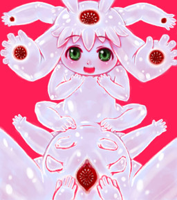5_fingers animal_genitalia anthro cloaca female fingers genitals green_eyes grotesque loli multi_limb open_mouth pink_background simple_background solo tentacles vagina_dentata vulva what white_body young unyah shokushu-chan_(4n) flatworm tentacle_creature worm low_res