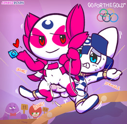 balls bdsm being_watched blue_body blue_eyes bodily_fluids bondage bouncing bound chibi collar condom cuff_(restraint) cuffed_ankles cuffed_wrists cum cum_drip dominant dominant_female dripping duo exercise female flat_chested genital_fluids genitals group hanging_by_arms hanging_by_feet holding_object judge leash leashed_collar lifted looking_at_another looking_at_viewer male male/female mascot motion_lines navel not_furry olympic_mascot penis pink_body presenting red_eyes restraints riding rope sexual_barrier_device short_stack sitting_on_another sitting_on_penis smile smug spread_arms spread_legs spreading struggling sweat sweatdrop trampoline vulva white_body wire worried arnkleblarn 2020_tokyo_olympics mcdonald's olympics grimace_(mcdonald's) miraitowa someity humanoid hi_res