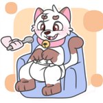 anthro blush clean_diaper clothed clothing collar diaper feeding fur hair male solo wearing_diaper kibacpup bee_and_puppycat cartoon_hangover puppycat hybrid 1:1 digital_media_(artwork) hi_res
