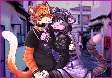 alternate_species anthro backpack brown_body brown_fur chain_necklace clothed clothing collar duo ear_piercing female fingers fur jewelry male male/female necklace o-ring orange_body orange_fur photo_background piercing striped_body striped_fur stripes fcolumnare hatsune_miku:_colorful_stage! sega shinonome_akito shinonome_ena felid feline mammal pantherine tiger 2025 digital_media_(artwork) hi_res photography_(artwork) brother_(lore) brother_and_sister_(lore) incest_(lore) sibling_(lore) sister_(lore)