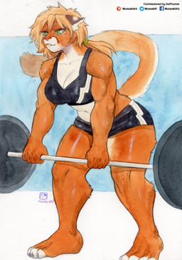 anthro athletic athletic_female barbell big_breasts bra breasts cleavage clothed clothing exercise female fur orange_body orange_fur solo sports_bra underwear weightlifting workout murazaki domestic_cat felid feline felis mammal absurd_res hi_res painting_(artwork) traditional_media_(artwork) traditional_painting_(artwork) traditional_watercolor_(artwork) watercolor_(artwork)