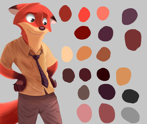 accessory aged_up anthro bottomwear brown_nose claws clothed clothing dipstick_ears ear_markings ears_aside eyebrows fur grey_background hands_on_hips looking_down male mouth_closed multicolored_ears neck_tuft necktie orange_body orange_fur pants pawpads pupils raised_eyebrow shirt simple_background slim smile solo tan_body tan_fur three-quarter_view topwear tuft yellow_clothing yellow_shirt yellow_topwear mouselect disney zootopia nick_wilde canid canine fox mammal red_fox true_fox digital_drawing_(artwork) digital_media_(artwork) digital_painting_(artwork) hi_res painting_(artwork)