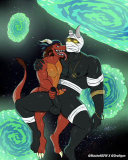 anthro arm_wraps balls barazoku black_body brown_hair claws duo erection genitals glowing glowing_eyes hair handjob horn humanoid_genitalia humanoid_penis jewelry licking male male/male muscular muscular_male necklace nipples nude pecs penile penis portal red_body sex tail tongue tongue_out wraps yellow_eyes dirtymache mythology dragon humanoid mythological_creature mythological_scalie scalie 4:5 character_request hi_res