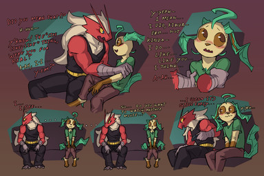 anthro anthrofied biped black_clothing blue_eyes blush blush_lines bottomwear brown_eyes clothed clothed_male clothing dialogue digitigrade eye_contact furniture hand_on_arm hands_on_legs looking_at_another male male_anthro muscular muscular_male on_sofa pants red_body shirt simple_background sitting sitting_on_sofa sofa tail text topwear vonepitaph nintendo pokemon byron_(vonepitaph) kale_(vonepitaph) blaziken eeveelution generation_3_pokemon generation_4_pokemon leafeon pokemon_(species) 2025 comic digital_media_(artwork) english_text hi_res