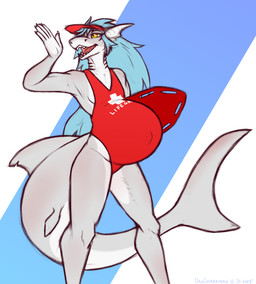 anthro blue_hair breasts clothing female gills grey_body hair lifeguard lifeguard_swimsuit long_hair navel navel_outline one-piece_swimsuit open_mouth outie_navel pink_tongue pregnant pregnant_anthro pregnant_female shark_tail small_breasts solo standing swimwear text text_on_clothing text_on_swimwear tongue visor yelling dansharkman fish marine shark 2025 digital_drawing_(artwork) digital_media_(artwork) english_description hi_res