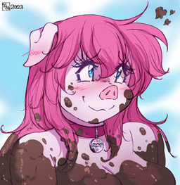 anthro blue_eyes blush blush_lines breasts collar dirty eyebrow_through_hair eyebrows eyelashes female hair heart_symbol logo mud muddy nude pink_body pink_hair smile solo translucent translucent_hair doronkomajo domestic_pig mammal suid suine sus_(pig) 2023 artist_logo bust_portrait dated hi_res portrait