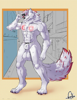 animal_genitalia anthro balls big_balls big_sheath digitigrade eye_scar eyewear facial_scar fur genitals glasses hair huge_balls huge_sheath male muscular muscular_anthro pose red_hair scar sheath solo tail tattoo white_body white_fur vansifoxarts mythology whiteskill_family dylan_whiteskill_(thatwereboy) canid canine mammal mythological_canine mythological_creature werecanid werecanine werecreature werewolf absurd_res hi_res pinup