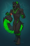 anthro black_body black_fur crotch_tuft digitigrade flower fur green_eyes green_mouth green_tongue inner_ear_fluff long_tail male neck_tuft nude plant solo standing tail tail_mouth tongue tuft unusual_anatomy unusual_tail zempy3 xenon_(xenonthewolf) canid canine canis mammal wolf hi_res