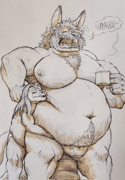 anthro beard belly belly_tuft big_belly body_hair chest_hair clothed clothing container cup duo facial_hair fangs fat_rolls hair holding_object hug hugging_another hugging_from_behind long_hair male male/male moobs mug musclegut muscular navel nipples open_mouth overweight overweight_anthro overweight_male pecs size_difference teeth tuft underwear underwear_only whiskers yawn chopangigante chun_(chopangigante) hyke_(hykewolffen) hykewolffen canid canine canis kangaroo macropod mammal marsupial wolf hi_res painting_(artwork) sketch traditional_media_(artwork) traditional_painting_(artwork)