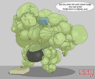anthro balls barely_contained barely_contained_penis big_balls big_muscles big_penis clothed clothing dialogue flexing genitals huge_balls huge_muscles huge_penis hyper hyper_balls hyper_genitalia hyper_muscles hyper_penis male muscular muscular_male penis solo text thong thong_only topless underwear underwear_only vein veiny_muscles salsabubble goblin english_text hi_res