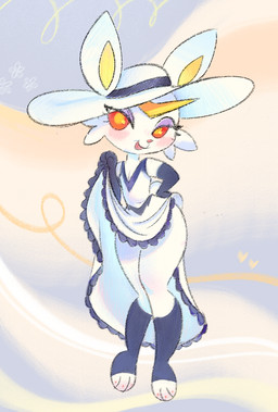 ambiguous_gender anthro anthrofied armwear blush clothed clothing clothing_lift dress dress_lift elbow_gloves eyelashes eyeshadow flat_chested frilly frilly_clothing furgonomic_headwear furgonomics gloves hand_on_hip handwear hat headgear headwear makeup pokemorph red_eyes smile solo sun_hat sundress thick_thighs white_clothing white_dress white_hat white_headwear wide_hips shgrcube nintendo pokemon cinderace generation_8_pokemon lagomorph leporid mammal pokemon_(species) rabbit hi_res