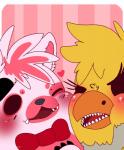 blush bow_(feature) bow_tie duo eyelashes female feral fur hair heart_symbol machine male sharp_teeth smile teeth white_hair yellow_body yellow_fur hiyoko five_nights_at_freddy's five_nights_at_freddy's_4 scottgames nightmare_chica_(fnaf) nightmare_mangle_(fnaf) animatronic avian bird canid canine chicken fox galliform gallus_(genus) mammal phasianid robot 2018 absurd_res digital_media_(artwork) hi_res