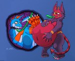 anthro anthro_pred anthro_prey belly belly_squish big_belly blep blue_body blue_scales collar duo empty_eyes fin fully_inside fur glowing glowing_eyes grin hand_on_belly hand_on_own_belly hands_on_own_belly holding_belly holding_leash holding_object horn inside_stomach internal leash leash_in_mouth leashed_collar male male/male male_pred mouth_closed narrowed_eyes object_in_mouth purple_body purple_fur same_size_vore scales simple_background smile spade_tail squish tail tongue tongue_out vore vore_tether 1mp nurg demon imp lizard reptile scalie skink hi_res signature watermark