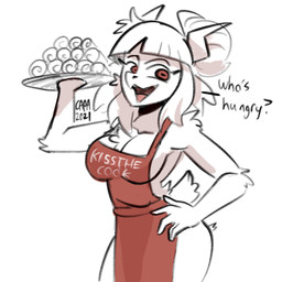 anthro apron apron_only arm_tuft breasts chest_tuft cleavage clothed clothing dialogue elbow_tuft female food fur hair hair_bun hand_on_hip holding_object holding_plate horn long_hair mostly_nude open_mouth pancake plate red_eyes scut_tail short_tail side_boob simple_background solo standing tail text text_on_apron text_on_clothing tuft white_background white_body white_fur white_hair white_horn capaoculta helltaker goat_lucifer_(helltaker) bovid caprine caprine_demon demon goat goat_demon mammal 1:1 2021 digital_media_(artwork) english_text hi_res