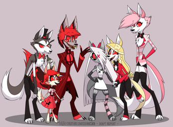 alternate_species anthro female group group_shot hand_holding male size_difference smile smiling_at_another creaturecandies hazbin_hotel hellaverse mythology alastor_(hazbin_hotel) angel_dust charlie_morningstar husk_(hazbin_hotel) niffty_(hazbin_hotel) vaggi_(hazbin_hotel) canid canid_demon canine demon hellhound mammal mythological_canine mythological_creature