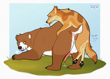 anal anal_penetration balls bodily_fluids cum cum_on_ground drooling duo feral genital_fluids genitals humping internal internal_anal knot knotted_penis male male/male off_the_ground penetration penile penile_penetration penis penis_in_ass plap precum rear_view saliva size_difference small_dom_big_sub sound_effects text browniesnsfw mishka_(fishymishy) bear canid canine canis coyote hybrid mammal absurd_res hi_res