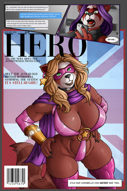 anthro big_breasts black_nose blonde_hair blue_hair breasts cellphone clothed clothing dialogue domino_mask electronics eyemask eyewear fangs female fur hair horrified mask phone red_body red_fur skimpy smartphone solo speech_bubble superhero superhero_costume teeth text texting tongue wearing_mask planktonheretic stellara_(ameliaray) ailurid mammal red_panda comic cover english_text hi_res magazine_cover