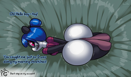 anthro big_butt blue_hair butt clothing exclamation_point female greeting hair hair_bun huge_butt hyper leggings legwear loli looking_at_viewer looking_back lying multicolored_body on_front open_mouth red_eyes shirt solo text topwear two_tone_body young young_anthro young_female norithics min_mei_li bear giant_panda mammal english_text