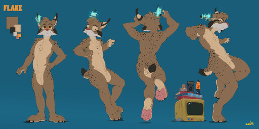 5_fingers anthro arm_tuft biped black_body black_claws black_ears black_fur black_tail blue_background book brown_body brown_ears brown_fur brown_pupils butt cheek_tuft chest_tuft claws color_swatch crotch_tuft dipstick_tail ear_tuft elbow_tuft electronics facial_tuft finger_claws fingers front_view fur glistening glistening_eyes head_tuft lamp lava_lamp male markings monitor multiple_poses narrowed_eyes navel nude orange_eyes pawpads pink_pawpads plantigrade pose pupils rear_view red_nose short_tail simple_background smile solo spots spotted_arms spotted_legs spotted_markings spotted_tail standing tail tail_markings tan_body tan_chest tan_ears tan_fur tan_tail tuft white_body white_fur oselotti flake_(flakepardinus) felid feline lynx mammal model_sheet signature