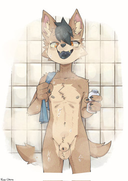 4_fingers animal_genitalia anthro balls black_hair black_tongue bottle brown_body brown_fur container fangs fingers fully_sheathed fur genitals hair happy holding_bottle holding_container holding_object looking_at_viewer male open_mouth sheath solo tail tail_motion tailwag tan_body tan_fur teeth tongue wet wet_body yellow_eyes kanto05 xiao_cheng canid canine canis mammal wolf 2025 chinese_description hi_res