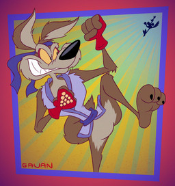 2_toes 3_toes 4_fingers abstract_background accessory action_pose action_scene anthro arched_foot arched_soles arm_tuft athletic athletic_anthro athletic_male barefoot belly bent_leg big_butt biped black_eyes black_nose black_toe_claws blue_headband blue_waistband bottomless bottomless_anthro bottomless_male brown_body brown_fur bulge butt butt_from_the_front butt_markings chest_tuft claws clenched_teeth clothed clothing curling_tail curling_toes curvy_figure distance duo elbow_tuft evil_grin eyebrows feathered_wings feathers featureless_crotch feet fight_scene fighting_pose fingerless_gloves fingers fist fluffy fluffy_tail fur gi_(clothing) gloves grinning_at_another handwear head_feathers head_tuft headband humanoid_feet humanoid_hands humanoid_heel keikogi knee_tuft knee_up leg_tuft looking_at_another male markings martial_arts_uniform midair mischievous mischievous_smile multicolored_body multicolored_fur on_one_leg one_leg_up open_mouth paws pecs plantigrade pose puffed_out_chest purple_keikogi raised_foot raised_leg red_clothing red_gloves red_handwear sharp_teeth shoulder_tuft silhouette silhouetted_body skinny skinny_anthro skinny_male slim slim_anthro slim_male small_waist smile smiling_at_another smirking_at_another soles solo_focus speed_lines sportswear standing tail tail_feathers talons tan_belly tan_body tan_eyebrows tan_fur teeth thick_calves thigh_up toe_claws toes toothy_grin tuft two_tone_body two_tone_fur waistband wasp_waist wide_hips wings yellow_sclera gavanzude looney_tunes warner_brothers road_runner_(looney_tunes) wile_e._coyote avian bird canid canine canis coyote cuculiform greater_roadrunner mammal new_world_ground_cuckoo roadrunner 2026 colored digital_drawing_(artwork) digital_media_(artwork) flat_colors hi_res pinup signature