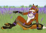 anthro breasts claws digitigrade dipstick_tail featureless_breasts female flower lavender_(flower) looking_at_viewer markings multicolored_tail nude pawpads plant sitting smile solo tail tail_markings ultraviolet canid canine fox mammal reyna_(disambiguation) 2019