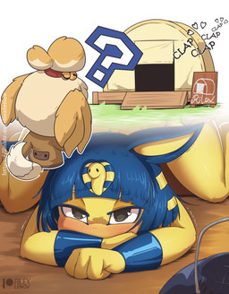 anthro ass_up bangs bell blonde_hair blue_eyeliner blue_hair blunt_bangs blush bob_cut bracelet campsite clap clothed clothing confusion crossed_arms dipstick_tail doggystyle duo eyeliner face_in_hands female from_behind_position fur hair hair_bun half-closed_eyes heart_eyes heart_symbol jewelry jingle_bell kettle lidded_eyes looking_pleasured lying makeup male male/female markings narrowed_eyes nude oblivious offscreen_character offscreen_sex on_front onomatopoeia question_mark sex shaking sign simple_background sound_effects spread_legs spreading tail tail_markings tent text topwear trembling uraeus white_background yellow_body yellow_fur rilex_lenov animal_crossing nintendo ankha_(animal_crossing) isabelle_(animal_crossing) canid canine canis domestic_cat domestic_dog felid feline felis mammal shih_tzu toy_dog 2025 artist_name cropped digital_media_(artwork) full_version_at_paywall hi_res signature url